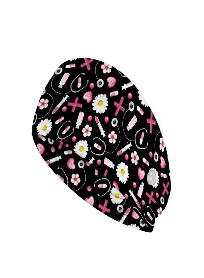 Babrukda Headband with Buttons for Mask Daisy Floral Black Turban Headwrap Nurse Doctors Dentists Sweatband Women Men Face Cover Holder Elastic Hair Accessories Hairbands for Working - Image 1